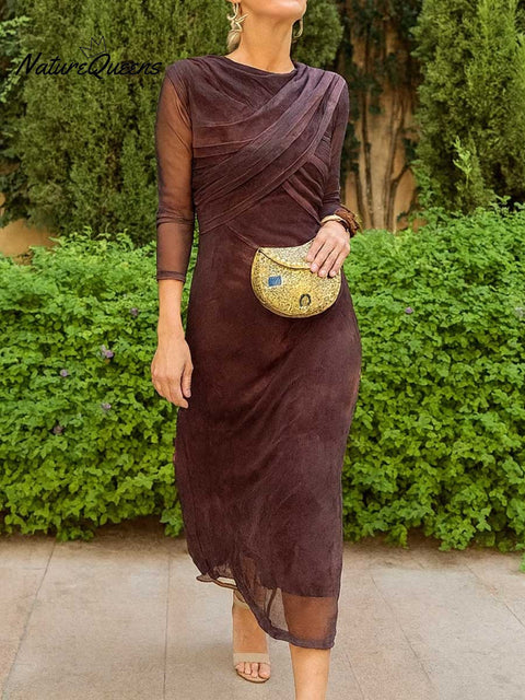 Women's Solid Color Round Neck Long Sleeve Casual Loose Mesh Dress