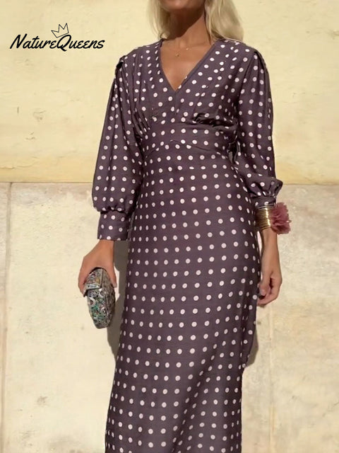 Women's Polka Dot Print V-Neck Long Sleeve Casual A-Line Dress