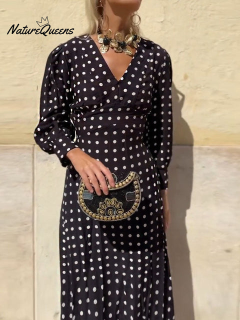 Women's Polka Dot Print V-Neck Long Sleeve Casual A-Line Dress