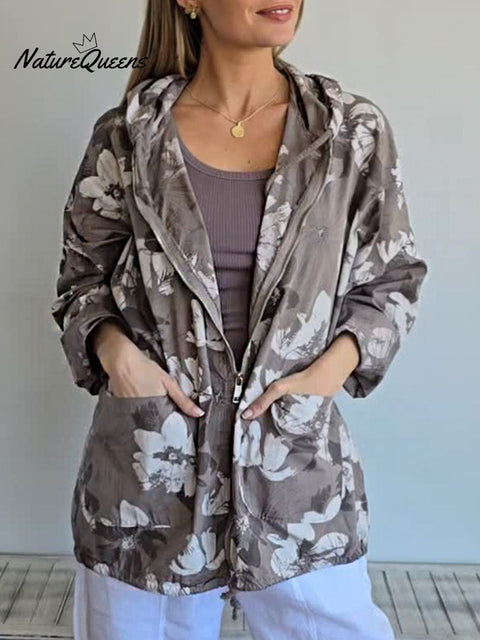 Women's Floral Print Long Sleeve Casual Cotton and Linen Hooded Cardigan