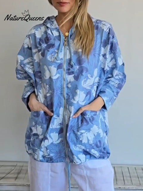 Women's Floral Print Long Sleeve Casual Cotton and Linen Hooded Cardigan