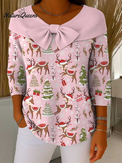 Women's Christmas Print Crew Neck 3/4 Sleeve Casual Pullover Sweater