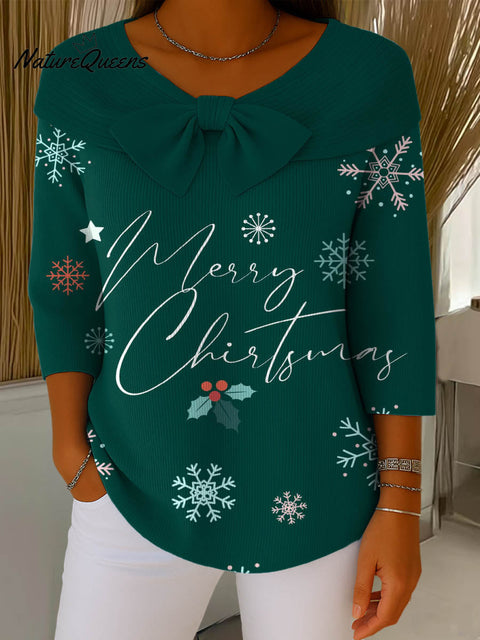 Women's Christmas Print Crew Neck 3/4 Sleeve Casual Pullover Sweater