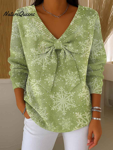 Women's Christmas Print Bowknot V-Neck Long Sleeve Casual Pullover Sweater