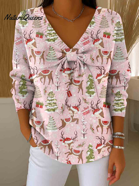 Women's Christmas Print Bowknot V-Neck Long Sleeve Casual Pullover Sweater