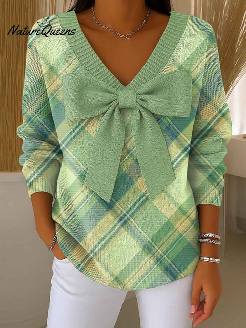Women's Plaid Print Bowknot V-Neck Long Sleeve Casual Pullover Sweater