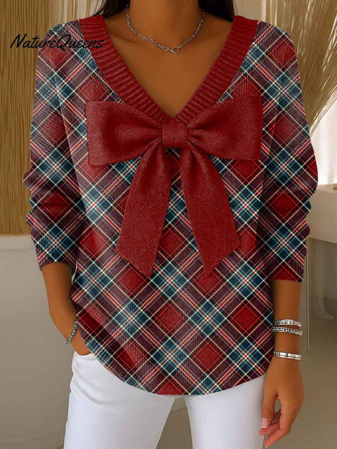 Women's Plaid Print Bowknot V-Neck Long Sleeve Casual Pullover Sweater
