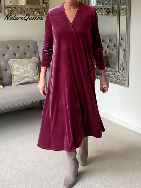 Women's Solid Color V-Neck 3/4 Sleeve Velvet Casual Loose Dress