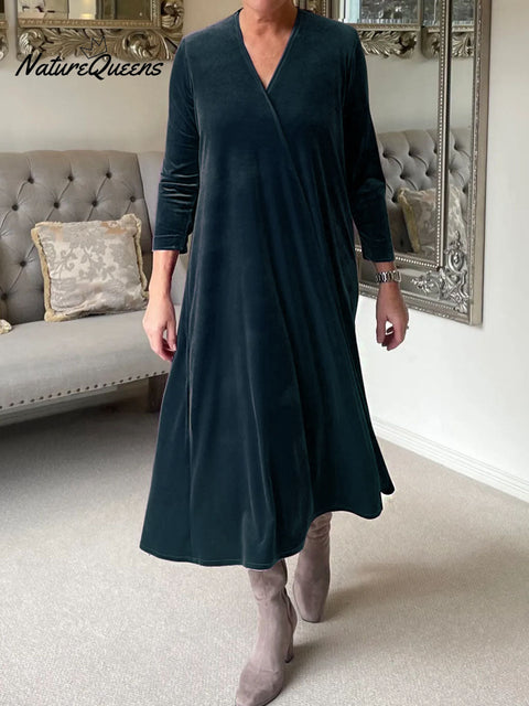 Women's Solid Color V-Neck 3/4 Sleeve Velvet Casual Loose Dress