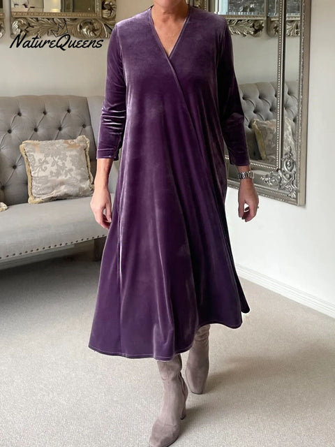 Women's Solid Color V-Neck 3/4 Sleeve Velvet Casual Loose Dress
