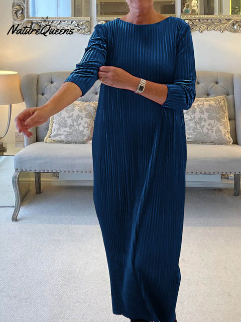 Women's Solid Color Round Neck Long Sleeve Velvet Casual Loose Dress
