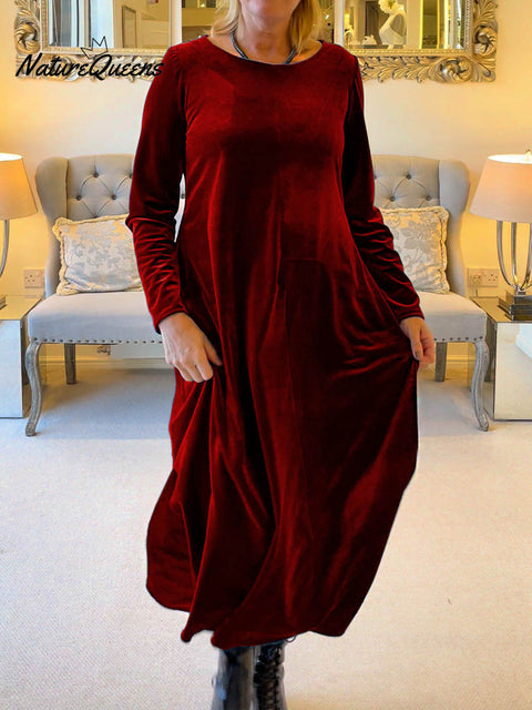 Women's Solid Color Round Neck Long Sleeve Velvet Casual A-Line Dress
