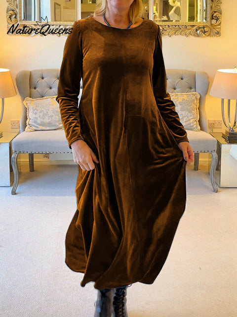 Women's Solid Color Round Neck Long Sleeve Velvet Casual A-Line Dress