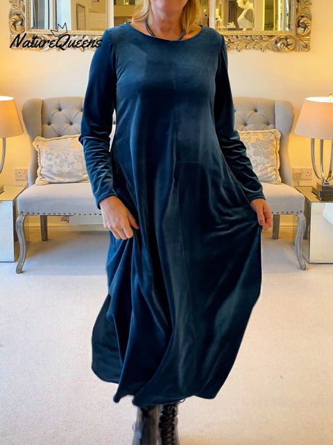 Women's Solid Color Round Neck Long Sleeve Velvet Casual A-Line Dress