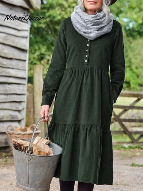 Women's Solid Color V-Neck Long Sleeve Velvet Casual A-Line Dress