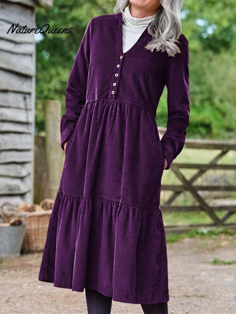 Women's Solid Color V-Neck Long Sleeve Velvet Casual A-Line Dress