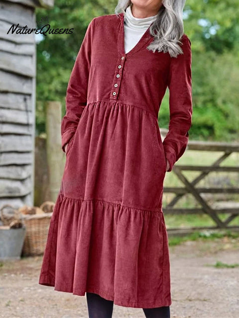 Women's Solid Color V-Neck Long Sleeve Velvet Casual A-Line Dress