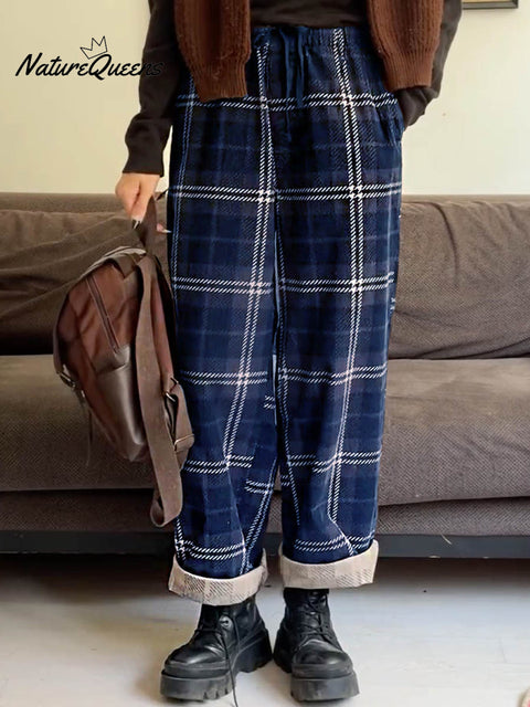 Women's Plaid Print Elastic Waist Casual Wide-Leg Pants
