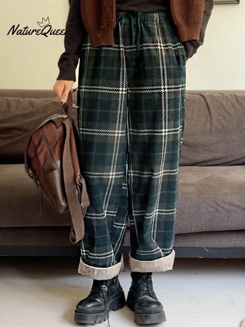 Women's Plaid Print Elastic Waist Casual Wide-Leg Pants