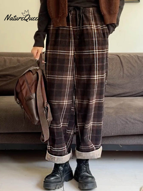 Women's Plaid Print Elastic Waist Casual Wide-Leg Pants