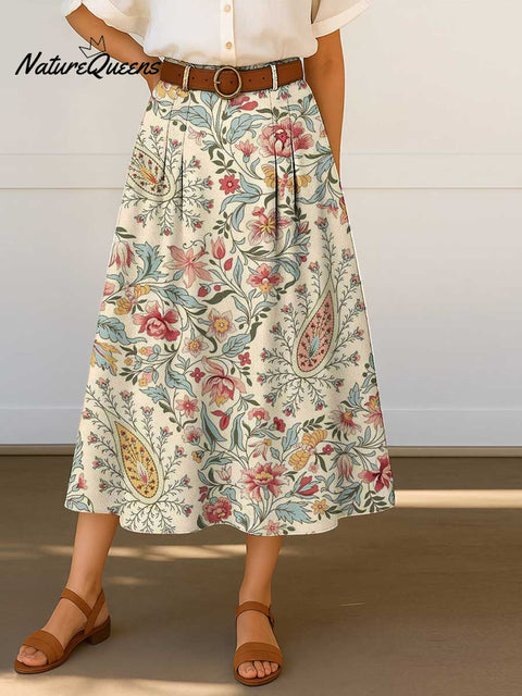 Women's Retro Floral Print High Waist Casual A-Line Skirt