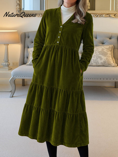 Women's Solid Color V-Neck Long Sleeve Velvet Casual A-Line Dress