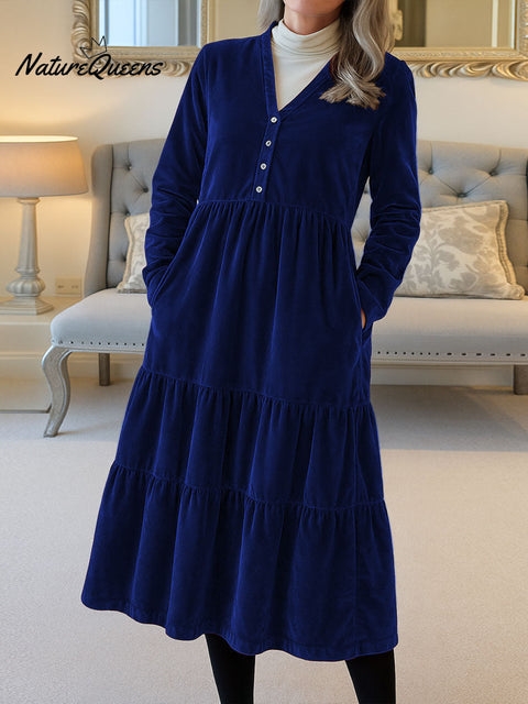 Women's Solid Color V-Neck Long Sleeve Velvet Casual A-Line Dress