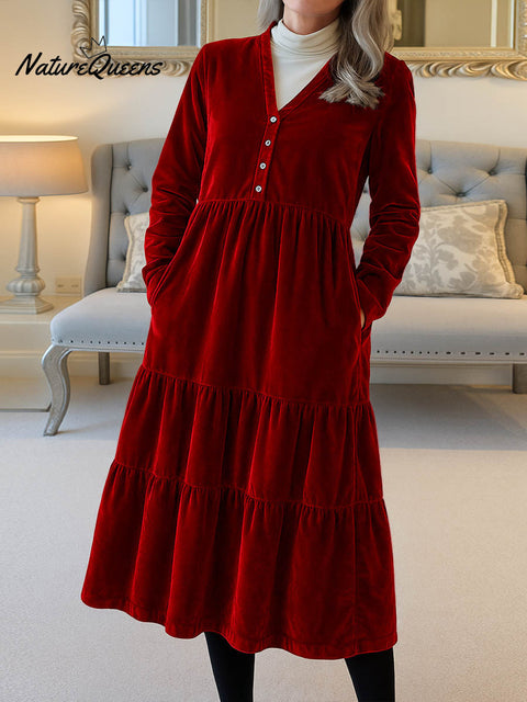 Women's Solid Color V-Neck Long Sleeve Velvet Casual A-Line Dress