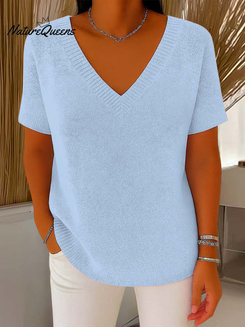 Women's Solid Color V-Neck Short Sleeve Casual Loose Pullover