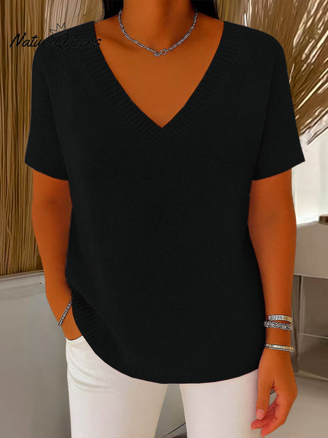 Women's Solid Color V-Neck Short Sleeve Casual Loose Pullover