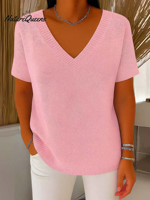 Women's Solid Color V-Neck Short Sleeve Casual Loose Pullover
