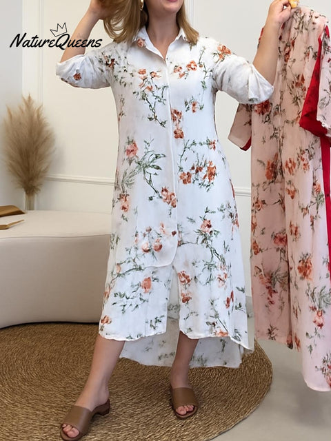 Women's Floral Print Lapel Long Sleeve Casual Loose Shirt Dress