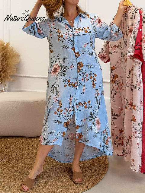 Women's Floral Print Lapel Long Sleeve Casual Loose Shirt Dress