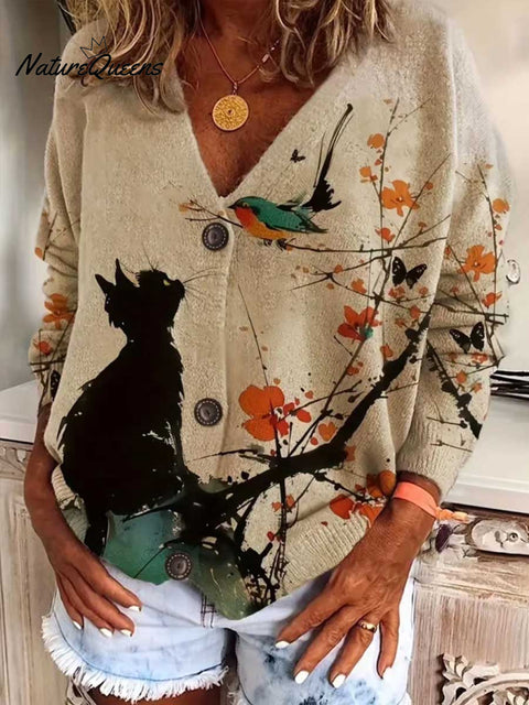 Women's Positioning Printed V-Neck Long Sleeve Casual Loose Cardigan Sweater