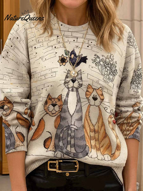 Women's Kitten Print Crew Neck Long Sleeve Casual Loose Sweater