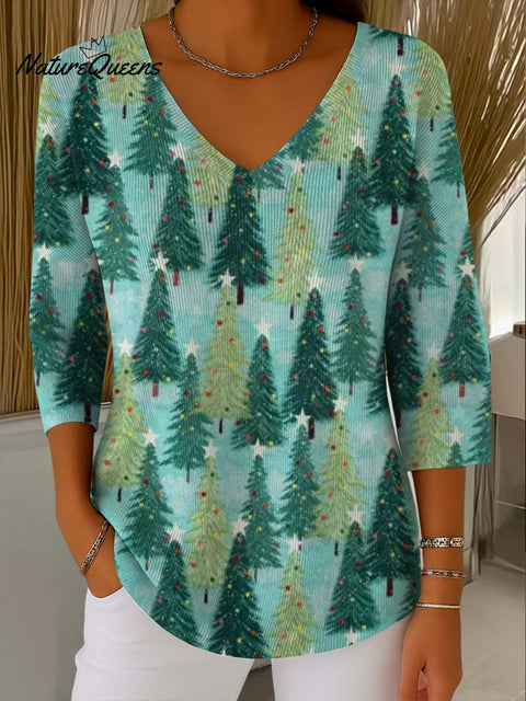 Women's Christmas Graphic Print V-Neck 3/4 Sleeve Casual Loose Pullover Sweater
