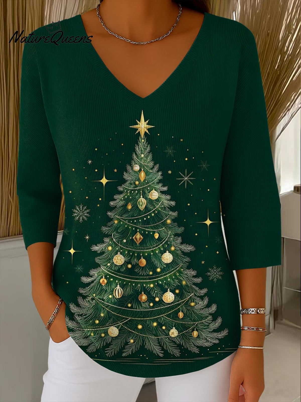 Women's Christmas Graphic Print V-Neck 3/4 Sleeve Casual Loose Pullover Sweater