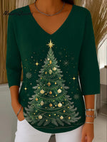 Women's Christmas Graphic Print V-Neck 3/4 Sleeve Casual Loose Pullover Sweater