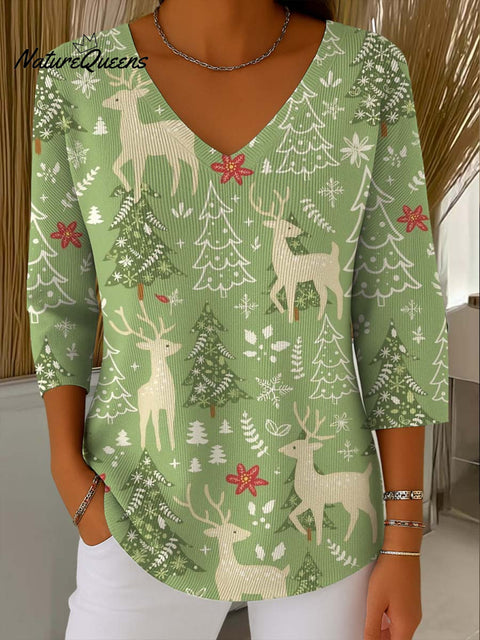 Women's Christmas Graphic Print V-Neck 3/4 Sleeve Casual Loose Pullover Sweater