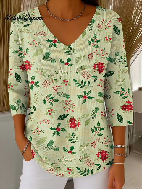 Women's Christmas Graphic Print V-Neck 3/4 Sleeve Casual Loose Pullover Sweater