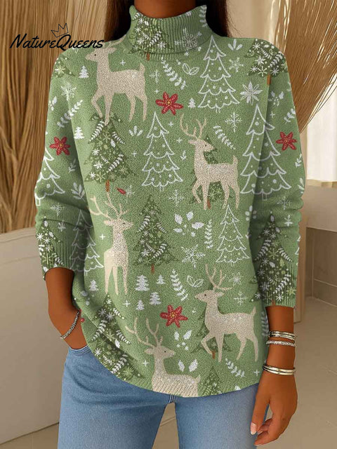 Women's Christmas Print Turtleneck Long Sleeve Casual Loose Pullover Sweater