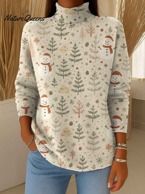 Women's Christmas Print Turtleneck Long Sleeve Casual Loose Pullover Sweater
