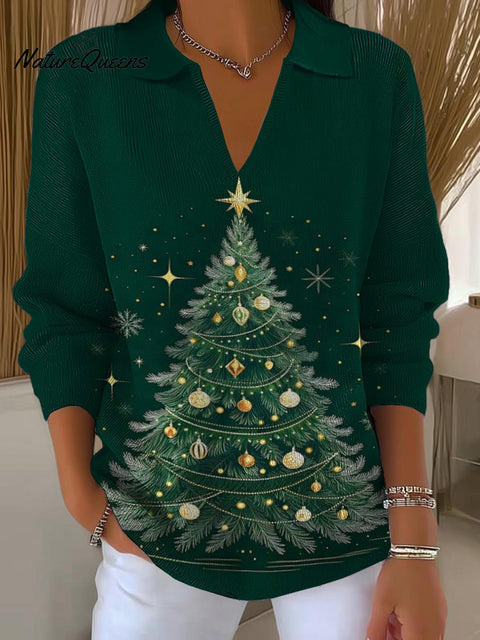 Women's Christmas Print Lapel Long Sleeve Casual Loose Pullover Sweater