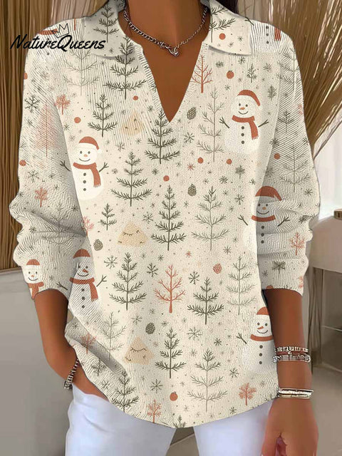 Women's Christmas Print Lapel Long Sleeve Casual Loose Pullover Sweater