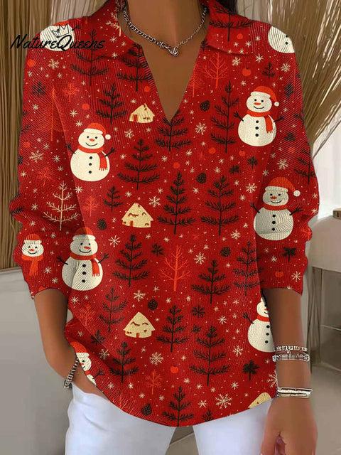 Women's Christmas Print Lapel Long Sleeve Casual Loose Pullover Sweater