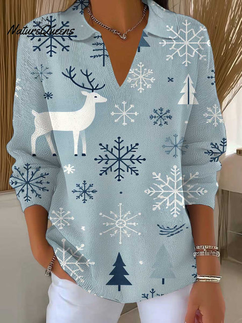 Women's Christmas Print Lapel Long Sleeve Casual Loose Pullover Sweater