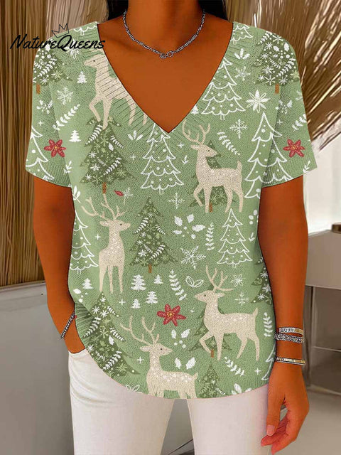 Women's Christmas Graphic Print V-Neck Short Sleeve Casual Loose Pullover Sweater