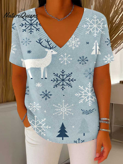 Women's Christmas Graphic Print V-Neck Short Sleeve Casual Loose Pullover Sweater