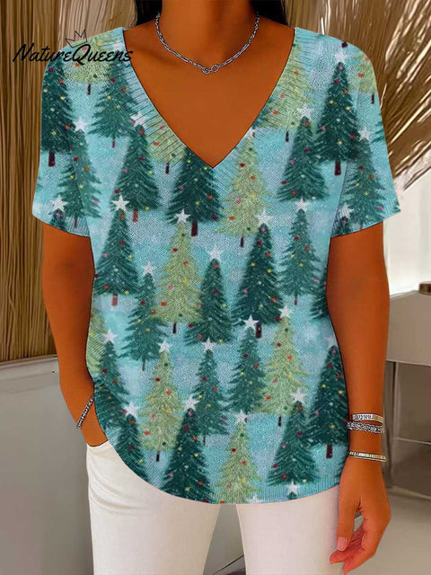 Women's Christmas Graphic Print V-Neck Short Sleeve Casual Loose Pullover Sweater