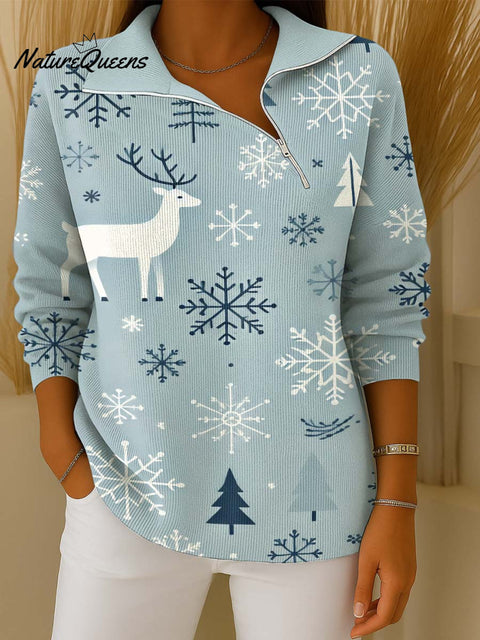 Women's Christmas Print Lapel Long Sleeve Casual Loose Pullover Sweater